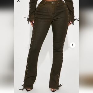 Fashion Nova Olive Green Lace-Up Side Jeans